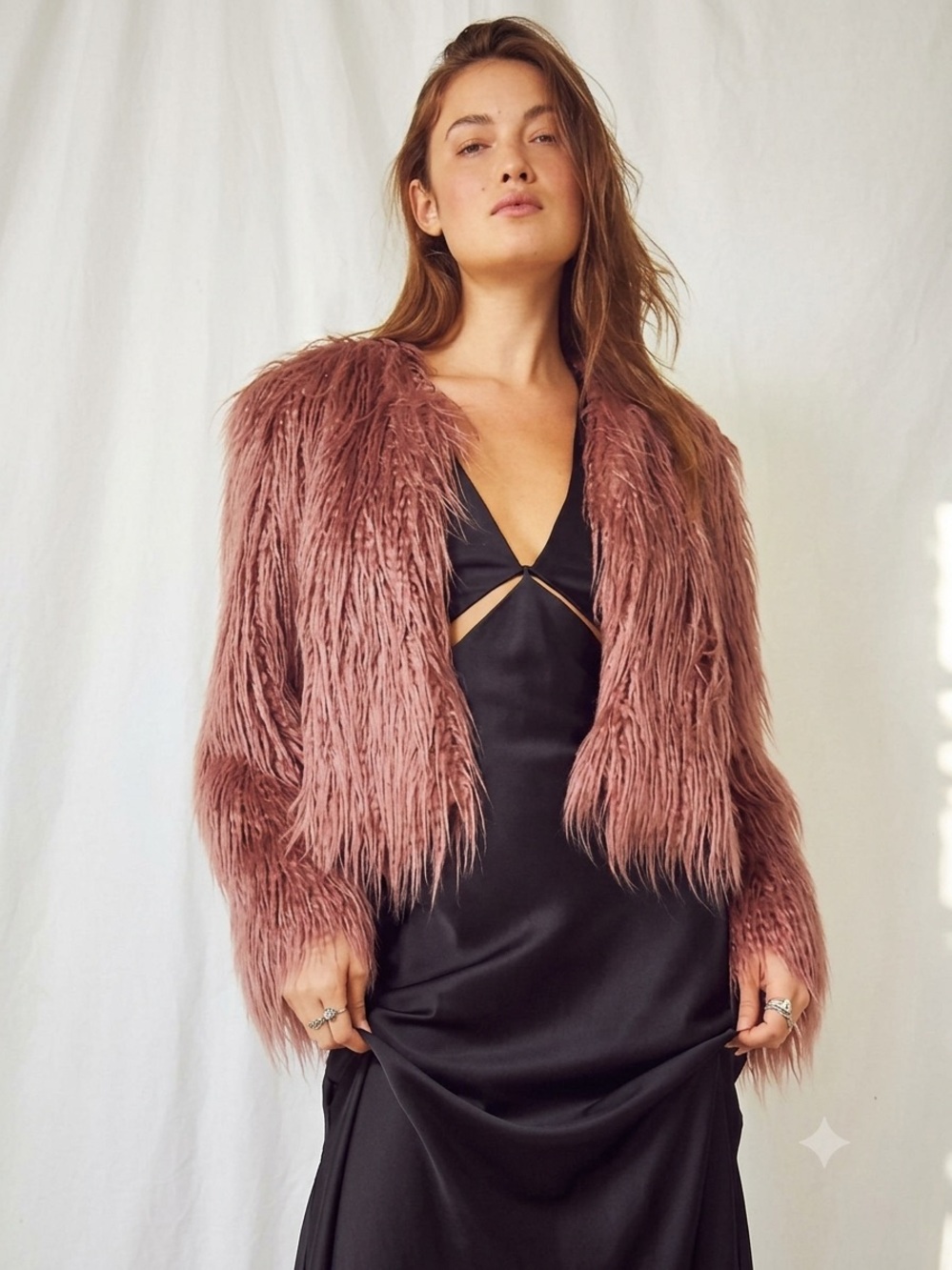Free People Mauve Pink Faux Fur Cropped Jacket Size Small